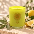 Mahonie Sage & Citrus Candle, yellow-green glass, on pale natural stone.