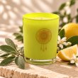 Mahonie Sage & Citrus Candle, three-quarter view on pale natural stone.