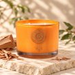 Mahonie Sandalwood Candle, orange glass, on pale natural stone.