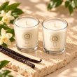Mahonie Shot Glass Pair : Vanilla Candle, elevated view on pale natural stone.