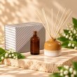 Mahonie Wabi Sabi Reed Diffuser Set - Lilly of the Valley, three-quarter view on pale natural stone.