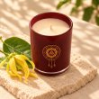Mahonie Ylang-Ylang Candle, elevated view on pale natural stone.