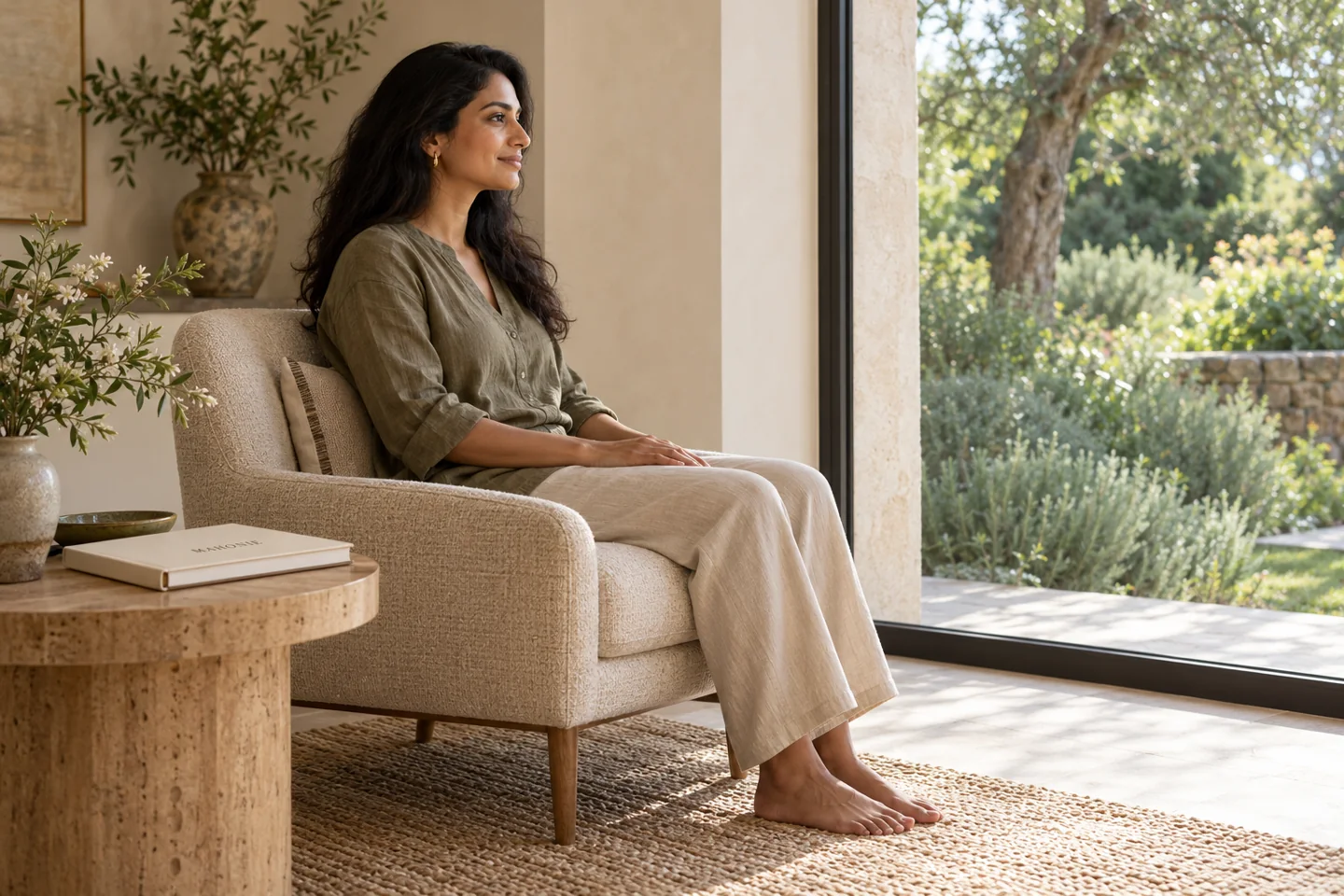 A person seated comfortably with feet supported beside a garden window