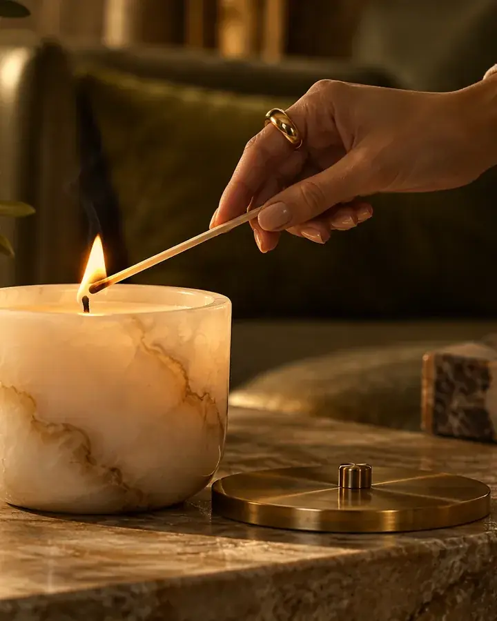 Match lighting an alabaster candle