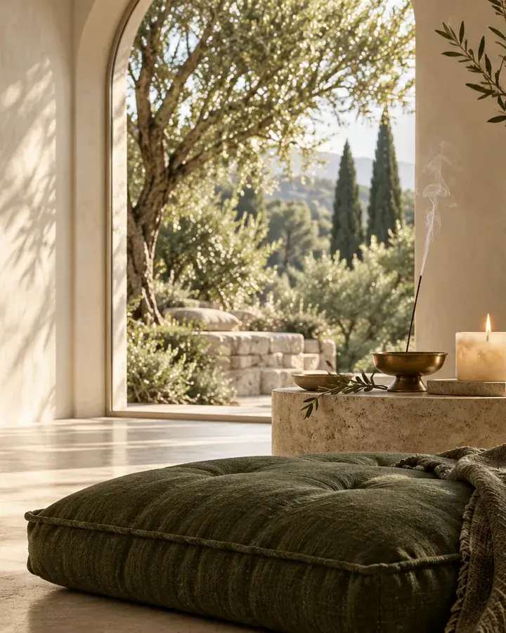 A quiet candle ritual in an ivory sanctuary