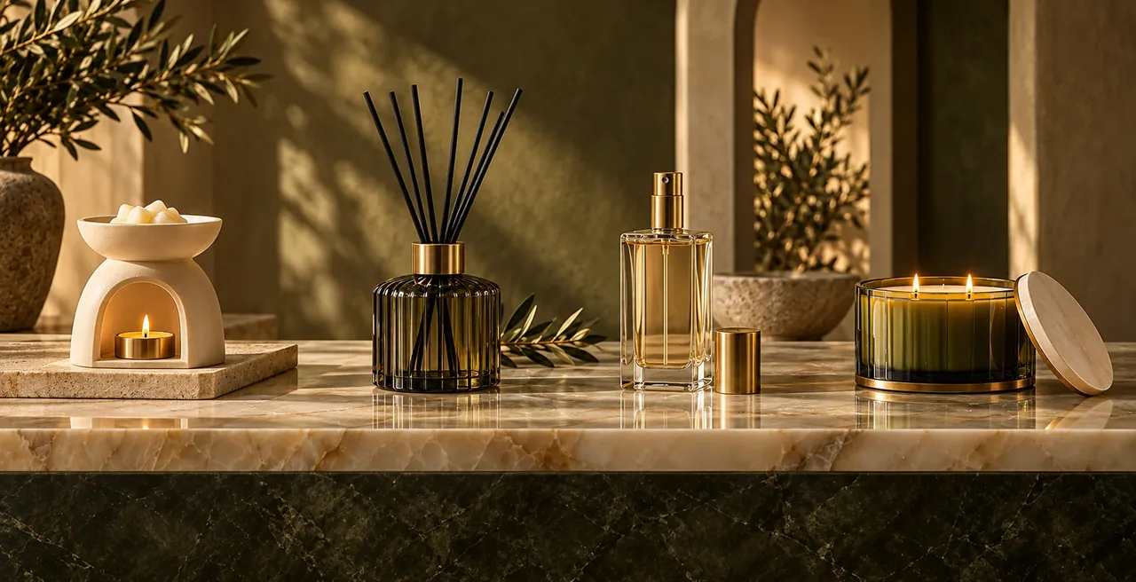 Luxurious aromatherapy still life with stone, botanical and warm metal details