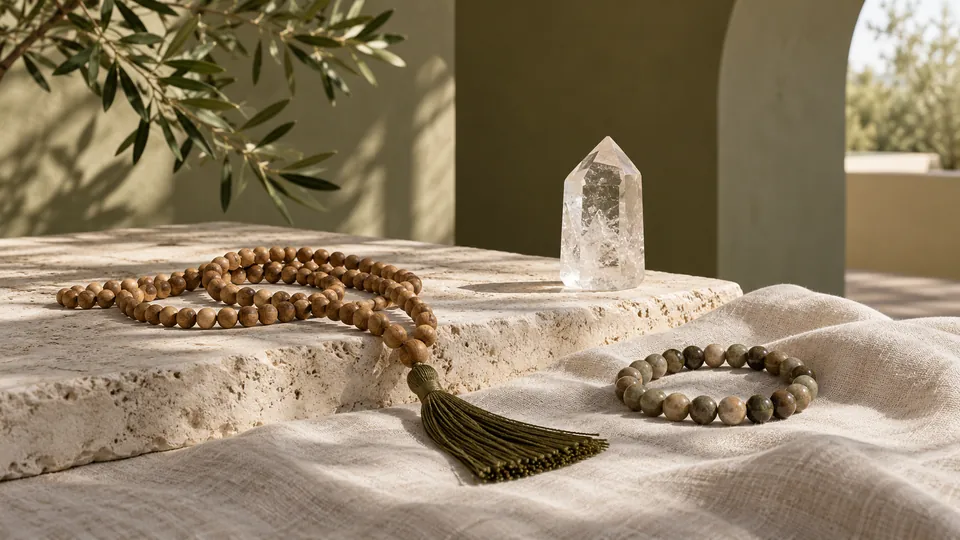 Wooden mala, stone bracelet and clear crystal on limestone