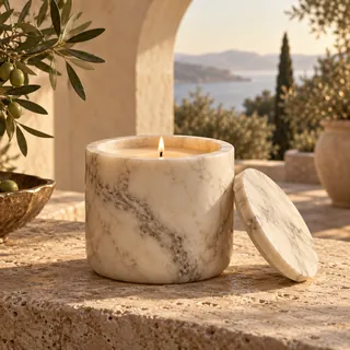 Cream marble candle with a matching stone lid on a Mediterranean terrace