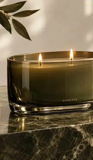 olive glass candle brass detail
