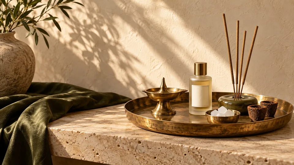 Brass pooja objects, incense and attar in a contemporary setting